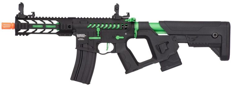 Lancer Tactical Enforcer Series BATTLE HAWK 7â€ Skeleton High FPS AEG Airsoft Rifle w/ Alpha Stock, Black / Green