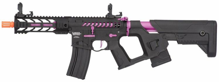 Lancer Tactical Enforcer Series BATTLE HAWK 7â€ Skeleton High FPS AEG Airsoft Rifle w/ Alpha Stock, Black / Purple