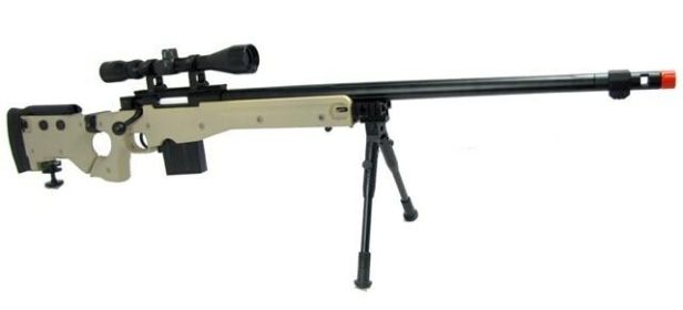 WELL L96 Airsoft Spring Sniper Rifle with Folding Stock, Scope, Bipod, and Monopod - FDE/Tan