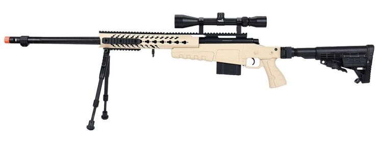WellFire MB4418-1 Bolt Action Airsoft Sniper Rifle w/ Scope & Bipod, Tan